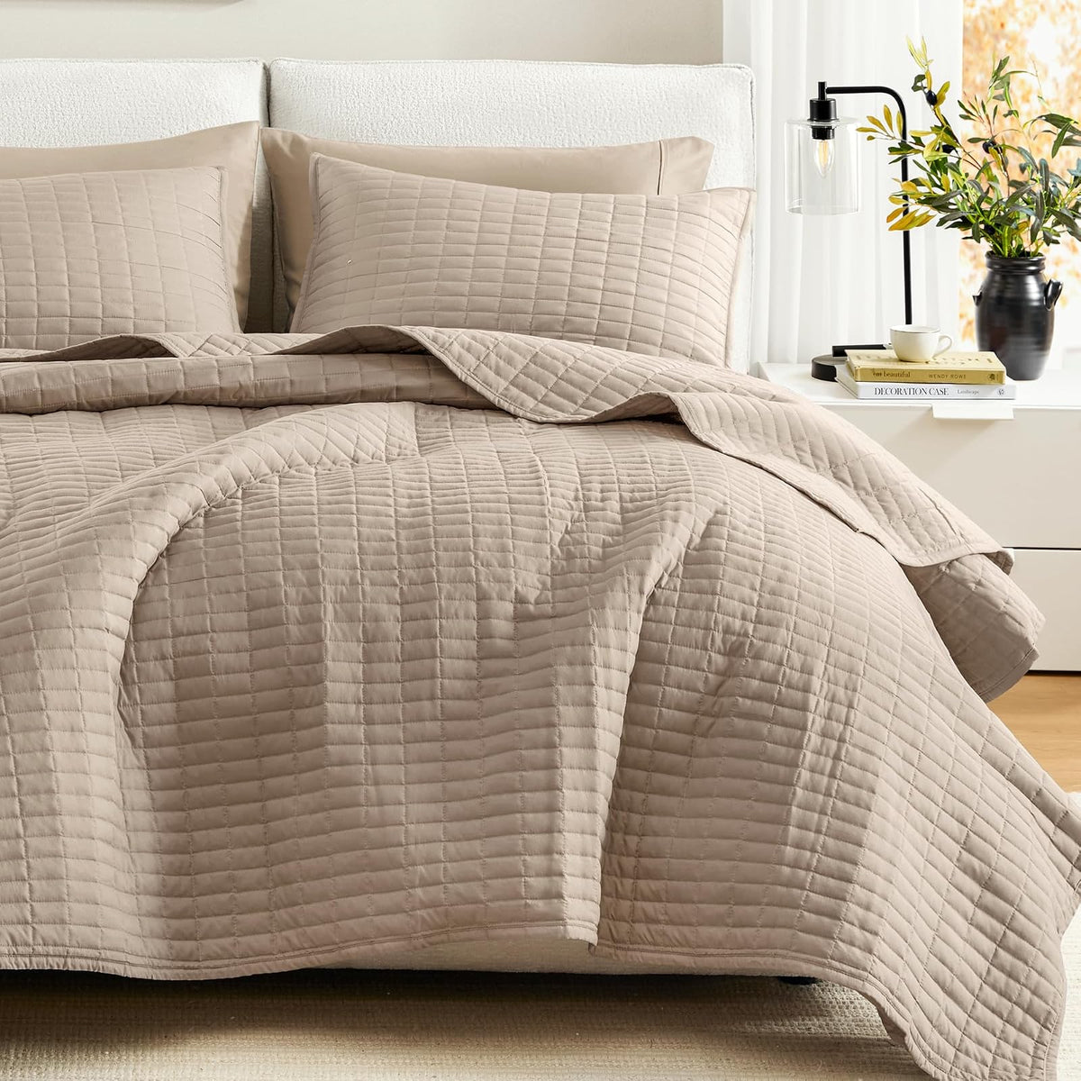 Comfort Spaces Kienna Juego de Edredón de Lujo Doble Cara - Quilt Full - Queen(90"x90") - Marrón topo