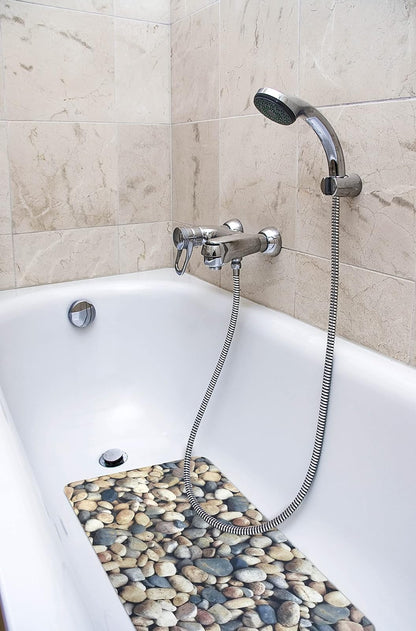 Splash Home Pebbles - Alfombrillas de Tina de PVC Impresas Antideslizantes, extralargas, Lavables a máquina, con 58 ventosas Fuertes, 16 x 27 Pulgadas, Color Gris