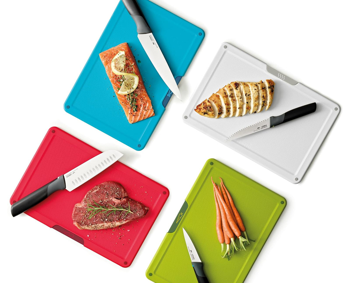 Joseph Joseph Folio Icon, juego de cuchillos y tablas de cortar codificados por colores, estuche delgado para almacenamiento organizado de cocina, grande, plateado