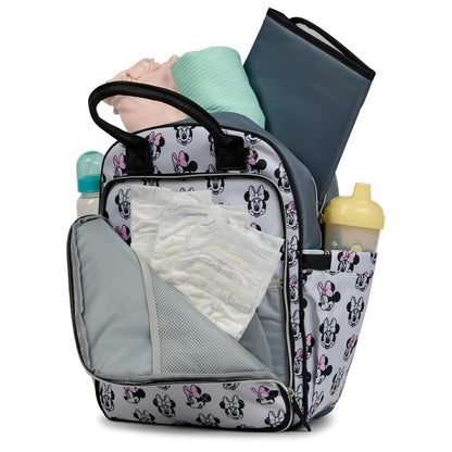 Disney - Mochila para pañales con cambiador - Bolsa de bebé de nailon de 16 pulgadas, Mickey Mouse, Minnie Mouse, Stitch y Winnie the Pooh