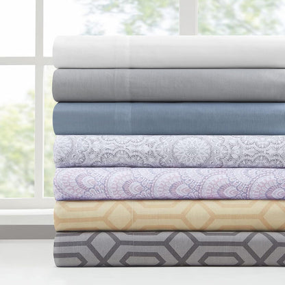 Comfort Spaces - Juego de sábanas de algodón de 144 hilos, transpirable, ligero, suave con bolsillo profundo elástico, ropa de cama moderna para todas las estaciones, funda de almohada a juego, King, morado Tabitha, 4 piezas