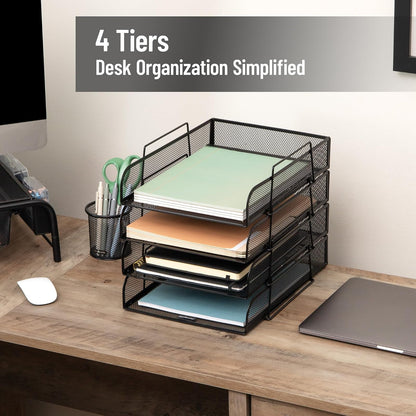 Betesh Mind Reader Stackable Paper Tray, Desktop Organizer, File Storage, Office, Metal Mesh, 10.5" L x13.5 W x11.25 H, 4 Pcs., Black