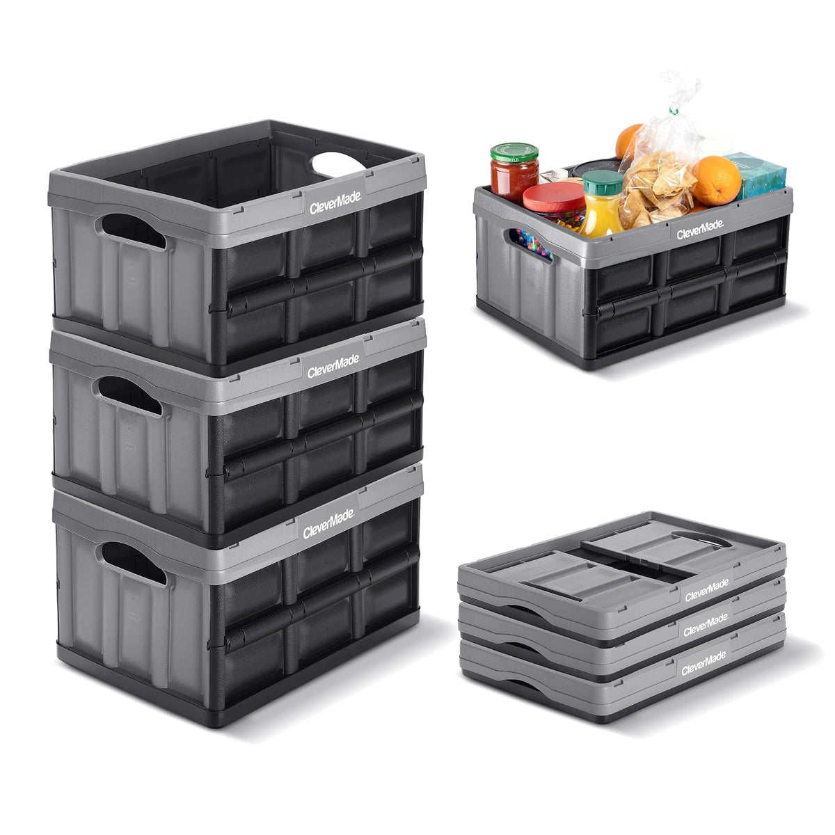 CleverMade - Contenedores plegables de almacenamiento – Paquete de 3 unidades de piedra 32L – Contenedores apilables de gran capacidad – Cajas plegables – Ahorro de espacio para el hogar