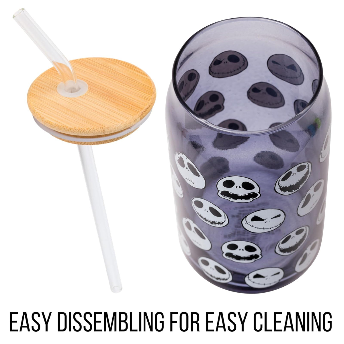 Silver Buffalo Disney Tim Burton Nightmare Before Christmas Jack Skellington Expressions - Vaso de vidrio gris con tapa de bambú y popote de vidrio, 16 onzas