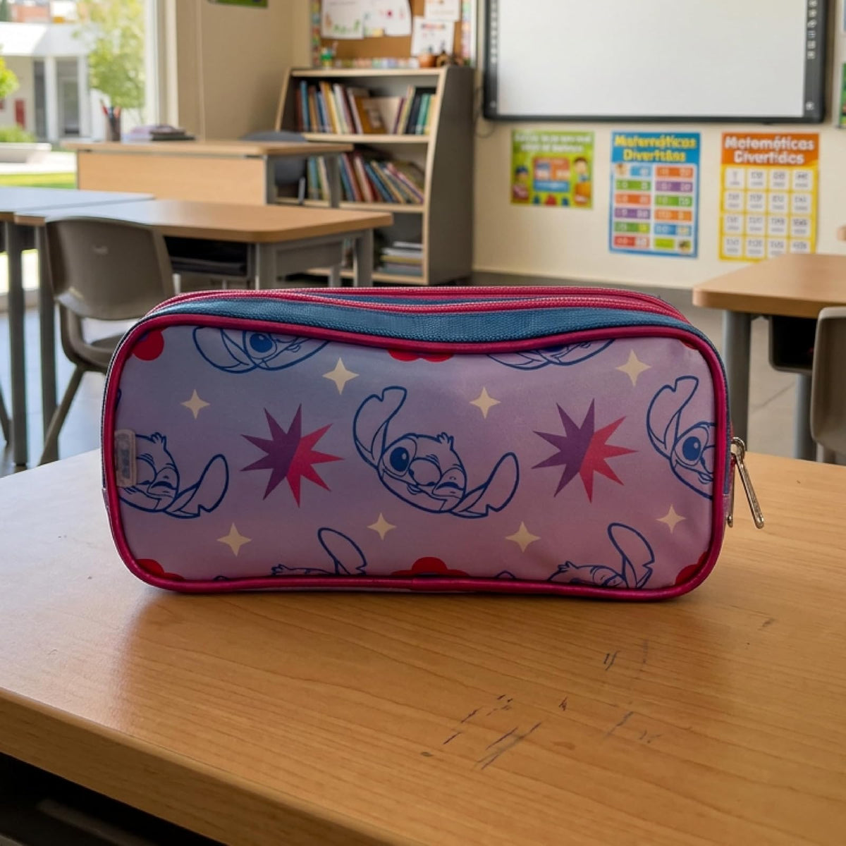 Ruz Lapicera Doble Infantil y Preescolar | Stitch | 100% Poliéster | Bolsa Escolar para Niños con Bolsillos Organizadores y Cierre de Cremallera | Recomendado desde 3 años