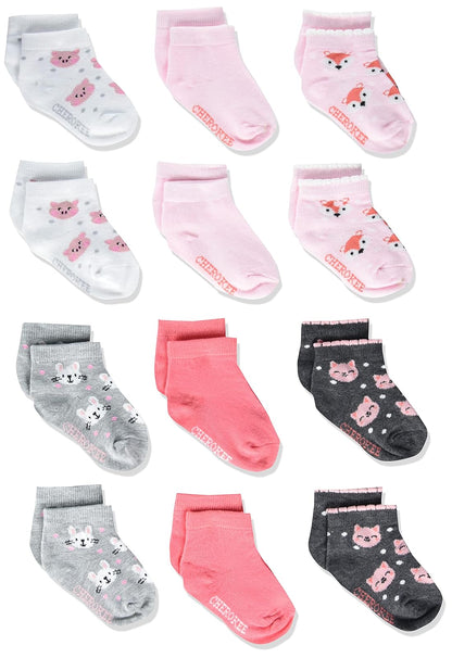 Cherokee Calcetines Cortos para Niña, Paquete de 12 - 2-4 Años - Surtido Rosa-animal