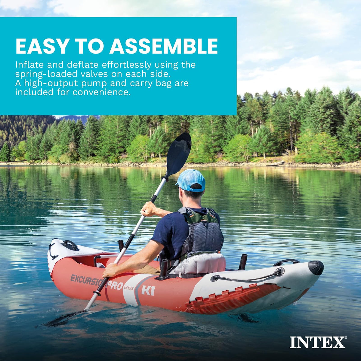 Serie de Kayak Inflable INTEX Excursion Pro: Incluye paletas de Kayak de Lujo de 86 Pulgadas y Bomba de Alto Rendimiento, PVC superresistente, Asiento de cubeta Ajustable, Soportes para caña de
