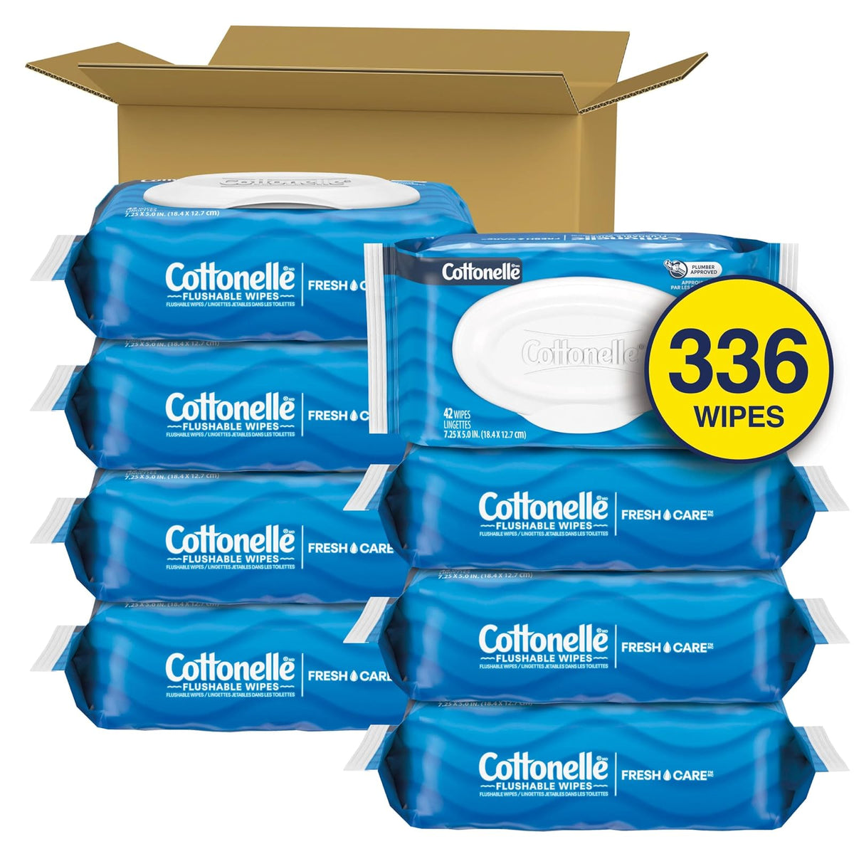 Cottonelle FreshCare Flushable Wet Wipes for Adults, Alcohol Free, 336 Wipes per Pack (Eight 42-Count Flip-Top Packs)