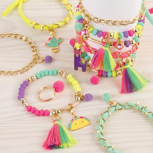 Make It Real - - Cadenas y colgantes Neo-Brite. Kit para hacer pulseras con forma de cadena dorada para niñas. Kit de manualidades para crear pulseras únicas para adolescentes con cuentas de neón, colgantes de pompones únicos y cadenas doradas