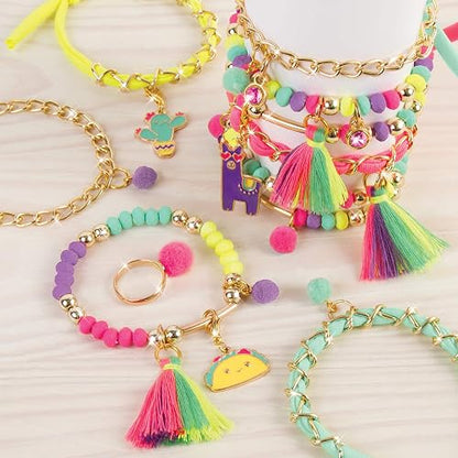 Make It Real - - Cadenas y colgantes Neo-Brite. Kit para hacer pulseras con forma de cadena dorada para niñas. Kit de manualidades para crear pulseras únicas para adolescentes con cuentas de neón, colgantes de pompones únicos y cadenas doradas