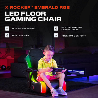 X Rocker Emerald RGB LED Silla mecedora para videojuegos de piso con reposacabezas altavoces, reposabrazos, plegable, piel vegano, 200 libras, máximo, exclusivo de , negro
