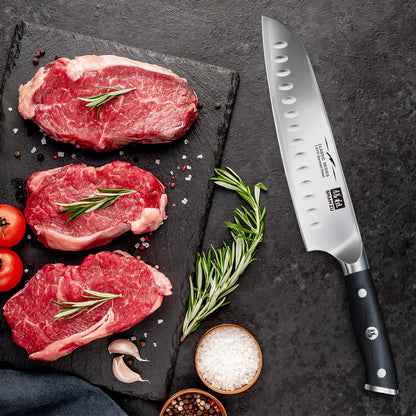Cuchillo de Cocinero SHANZU Santoku 7 Pulgadas - Chef Profesional Alto Carbono con Acero Cromado Afilado, Hoja Santoku para Cocina y Chefs
