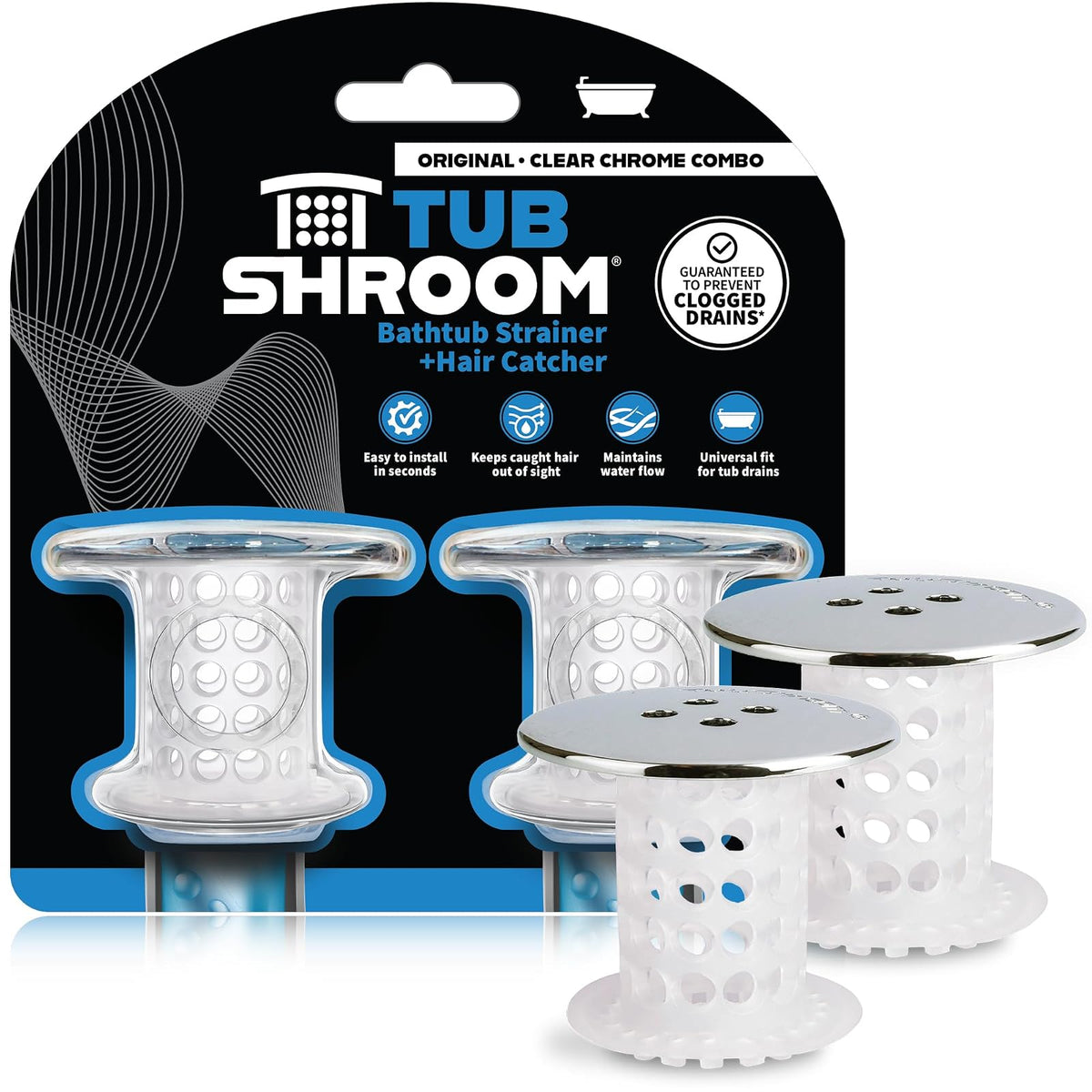 TubShroom, Revolucionario Protector de desagües de Tina: colador/Filtro/Trampa para pelos, Chrome 2 Pack, 1 - Cromo 2 unidades - Modern
