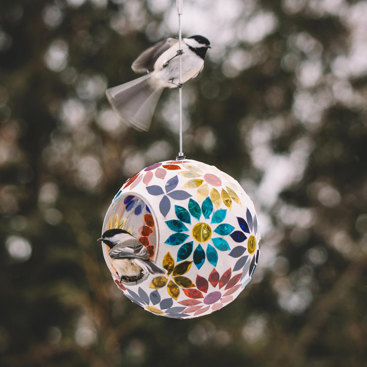 Comedero Colgante de Vidrio para pájaros en el Patio Trasero, Multicolor, para pájaros, para Exteriores, comedero de Mosaico, Forma Redonda, comedero Salvaje