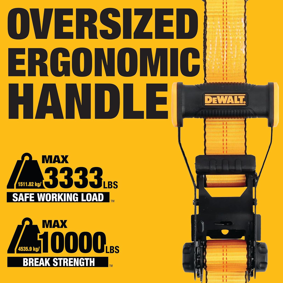 DEWALT DXBC10000J Correa de Amarre de Carraca de 2 Pulgadas x 27 Pies con Doble Gancho en J, Negro/Amarillo, 10 LB de Rotura