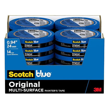 ScotchBlue - Cinta de pintores de superficies múltiples, 1 pulgada de ancho (0.95 pulgadas) 24 rollos, cinta de pintura azul que protege las superficies y se quita fácilmente, cinta adhesiva para uso