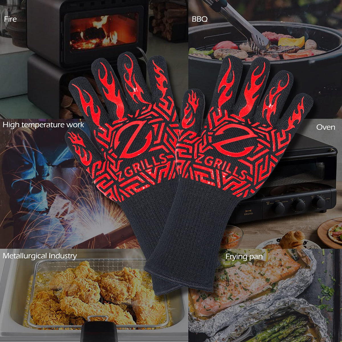 Z GRILLS Guantes de parrilla para barbacoa de 1880 °F, resistentes al calor, guantes de silicona resistentes al calor, guantes para ahumar, tamaño universal para barbacoa, hornear, freír, soldar, cortar