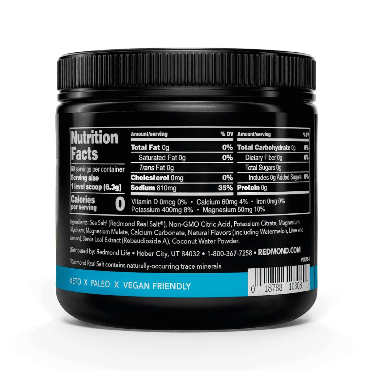 REDMOND RE-LYTE, Electrolitos Naturales con Real-Salt, Hidratación Clean sin Calorías ni Azúcares, 60 Porciones, Sabor Watermelon Lime