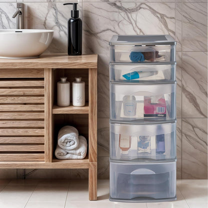 Italhome Cajonera FOX 5 de Plástico 5 Cajones Transparentes, Organizador Multiusos Desarmable para Hogar y Oficina, Mueble Resistente Fácil Armado, Color Gris