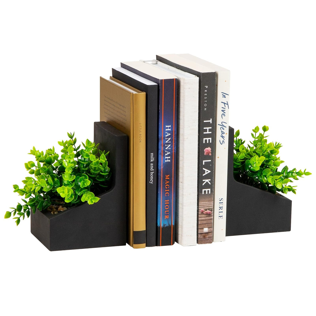 Mind Reader - Sujetalibros contemporáneos para macetas, Soportes para Libros con vegetación sintética, Organizador Decorativo de computadora o estantes, Cemento, Juego de 2, Negro
