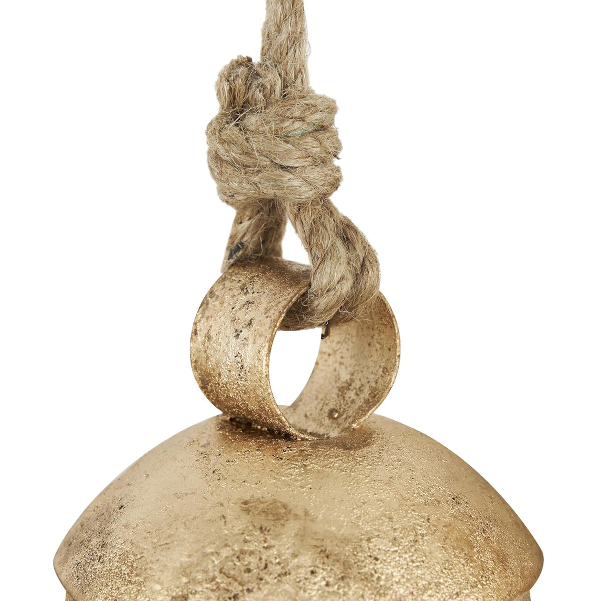 Deco 79 - Campana Decorativa de Vaca con Cuerda Colgante de Yute, de Metal Inspirado en Tibetano, Juego de 3 10 Pulgadas, 8 Pulgadas, 6 Pulgadas de Alto, Dorado