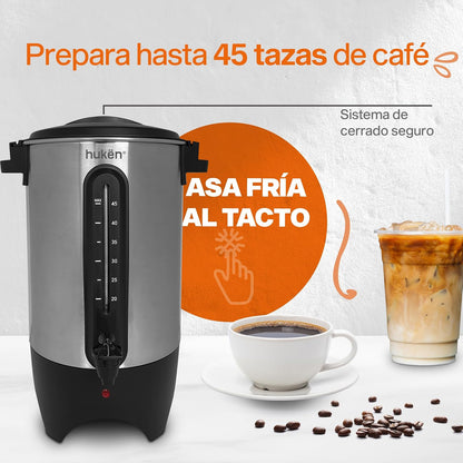 Urna de Café MasterChef by Hukën, capacidad 45 Tazas Acero Inoxidable con Ventanilla Indicadora de Nivel de Agua, 1000W de Potencia para Rápido Calentamiento, modelo MK-UCM-45