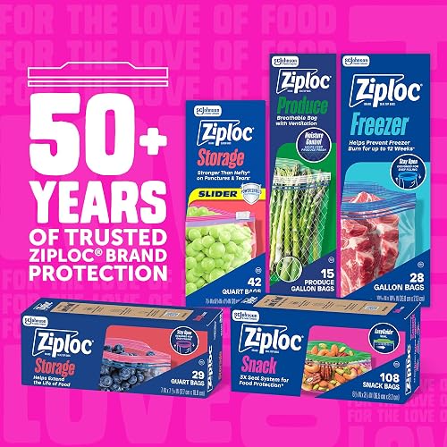 Ziploc Bolsas de Almacenamiento Reutilizables de 1 Quart, Tecnología Grip 'n Seal, Doble Cremallera, Transparente, Plástico, Extrusión o Soplado, 80 Piezas