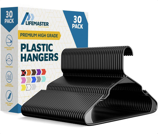 Plastic Clothes Hanger Set - 30 Pieces Versatile, Lightweight, Space-Saving, Non-Slip, Slim Designed, Dry and Wet Clothes Hanger Set - Black