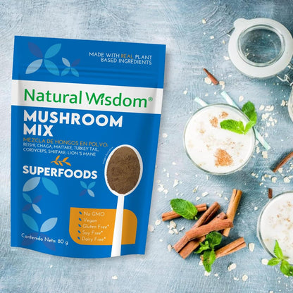 Mushroom Mix en Polvo 80g Concentración Estrés Energía | Con Hongo Melena de Leon hongo Reishi, Cordyceps, Chaga, Maitake, Shiitake y Cola de Pavo | Suplemento Natural Wisdom