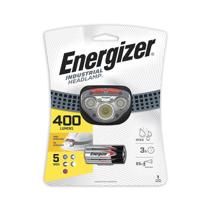 Energizer - Linterna de Cabeza LED Industrial 400 Lúmenes, Alcance de 85 m | Resistencia al agua IPX4, 5 modos de iluminación e incluye 3 pilas AAA.