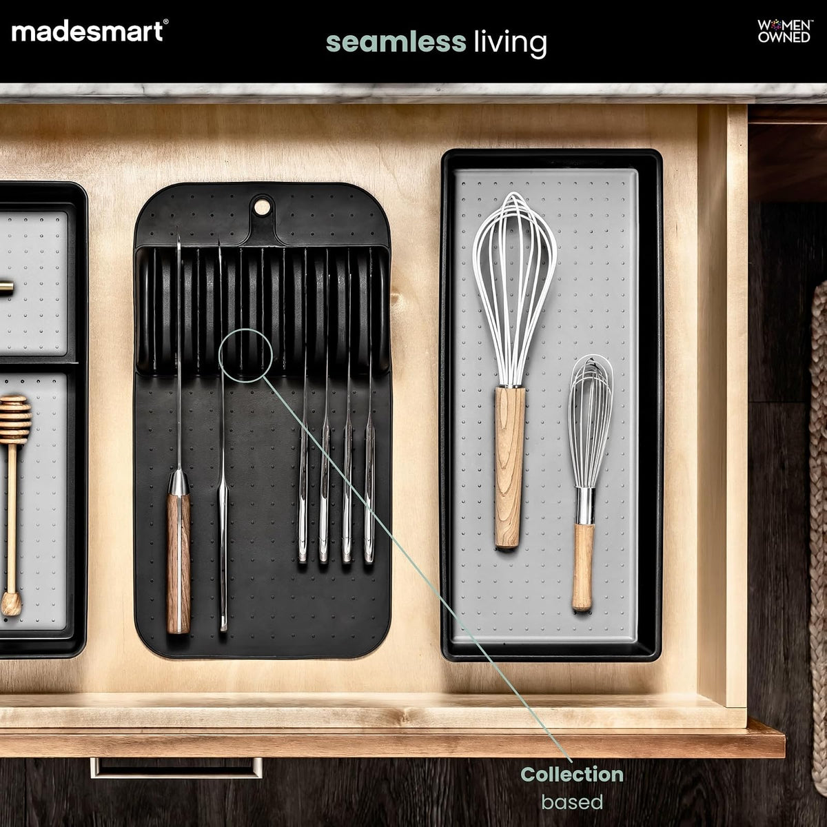 Madesmart Classic - Tapete de almacenamiento para cuchillos pequeños de 5 ranuras para cajones, bloque de cuchillos de cocina de agarre suave, color carbono