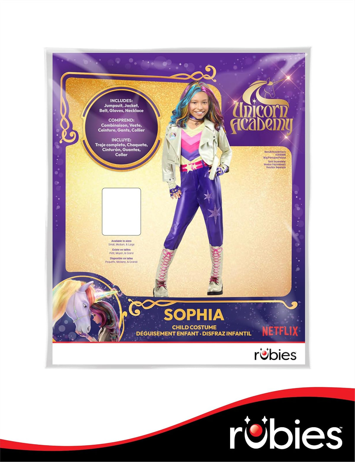 Rubies Disfraz de Sophia Mendoza Unicorn Academy Talla L | Para niños, overol sin mangas con fundas para botas, cinturón, guantes sin dedos, collar