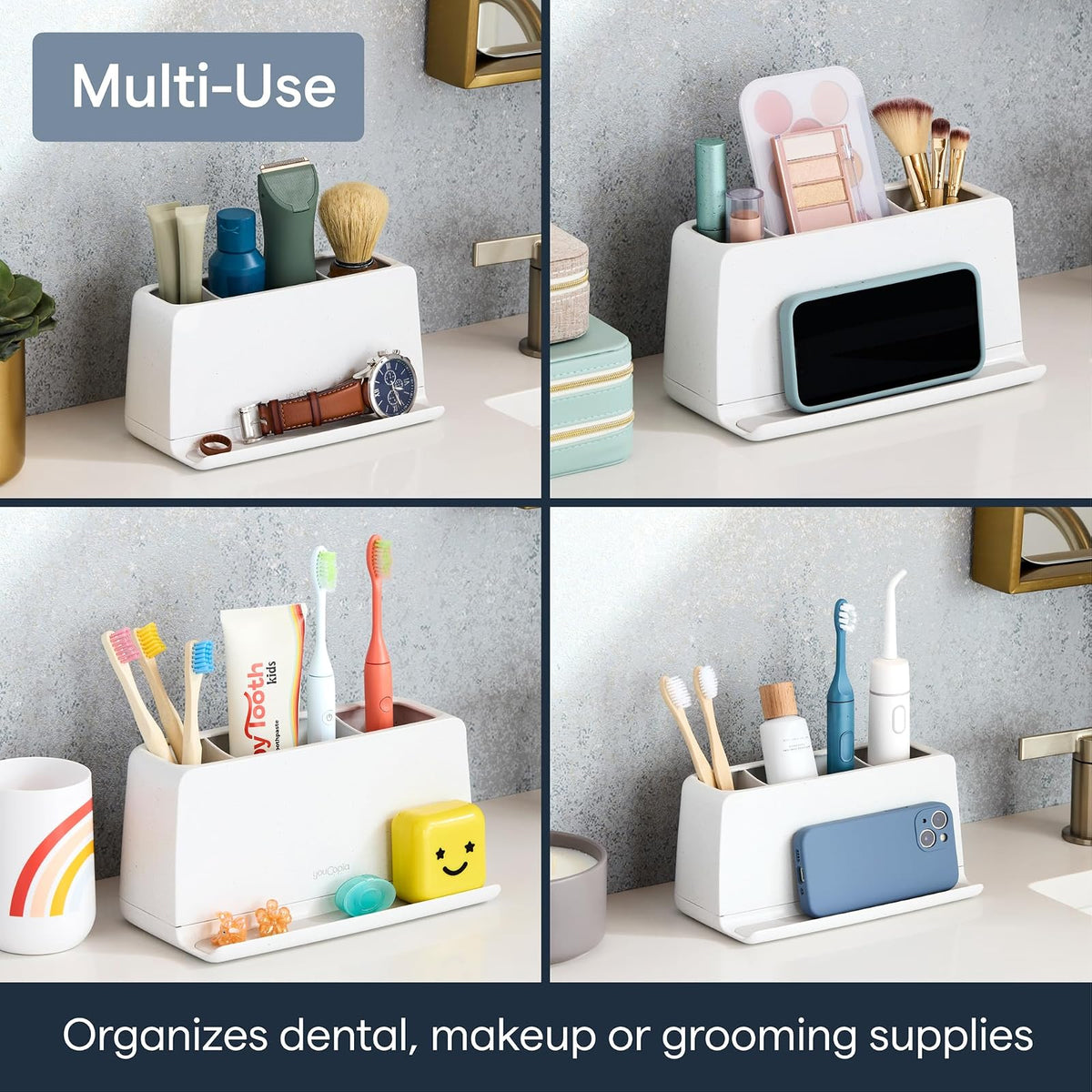 YouCopia The Ledge - Soporte para Cepillo para Polvo de Dientes, 3 Ranuras, Organizador de Cambiador de baño con Ranuras para Cables, Base extraíble y Almacenamiento para teléfonos, Pasta Dental y