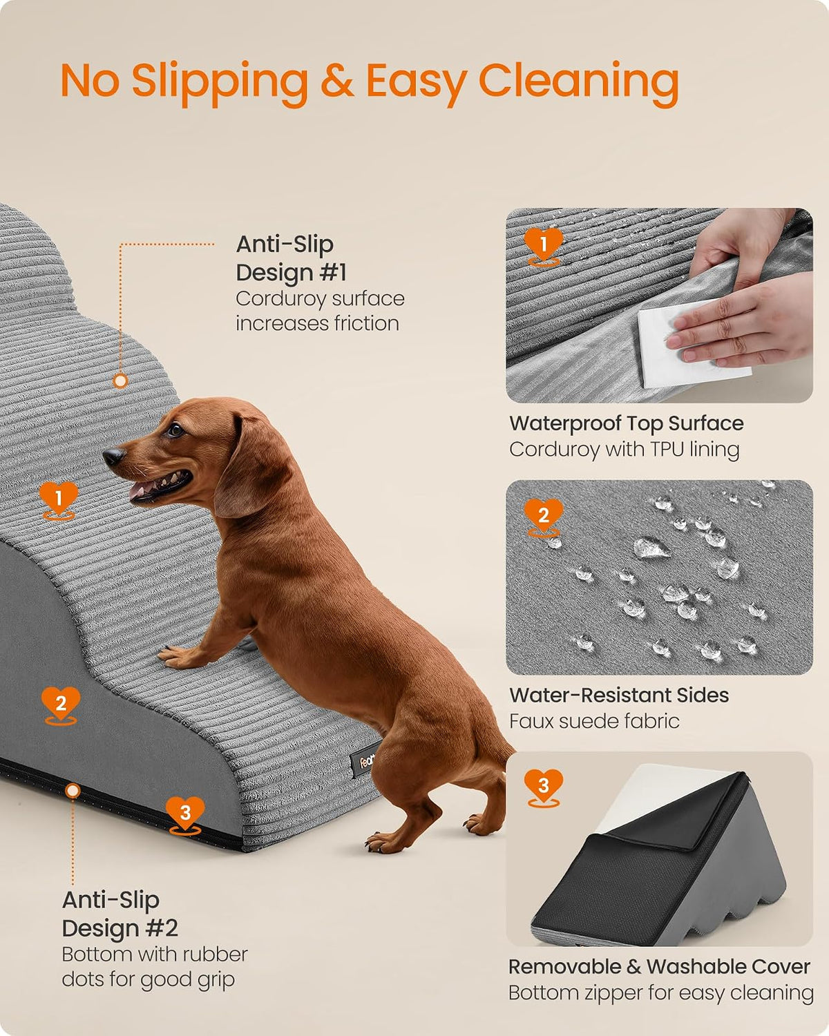 Feandrea Escalera para Perros de 4 Peldaños, Antideslizante, 72x40x50cm | Cubierta Lavable Extraíble, para Cama, Sofá, Gris, Colección BADDI MPPS004G01