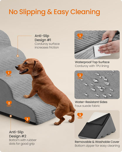 Feandrea Escalera para Perros de 4 Peldaños, Antideslizante, 72x40x50cm | Cubierta Lavable Extraíble, para Cama, Sofá, Gris, Colección BADDI MPPS004G01