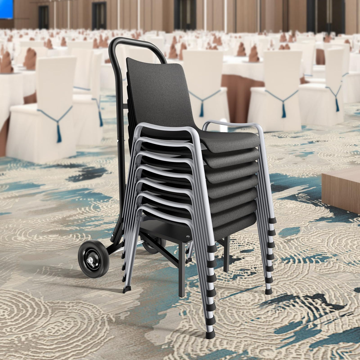 VEVOR Estante para Sillas Plegable, Capacidad de 68 kg, Carrito Resistente para Apilar 10 Sillas, Carrito de Almacenamiento de Metal con Ruedas de Goma, Soporte para Sillas de Empuje, Negro Mate