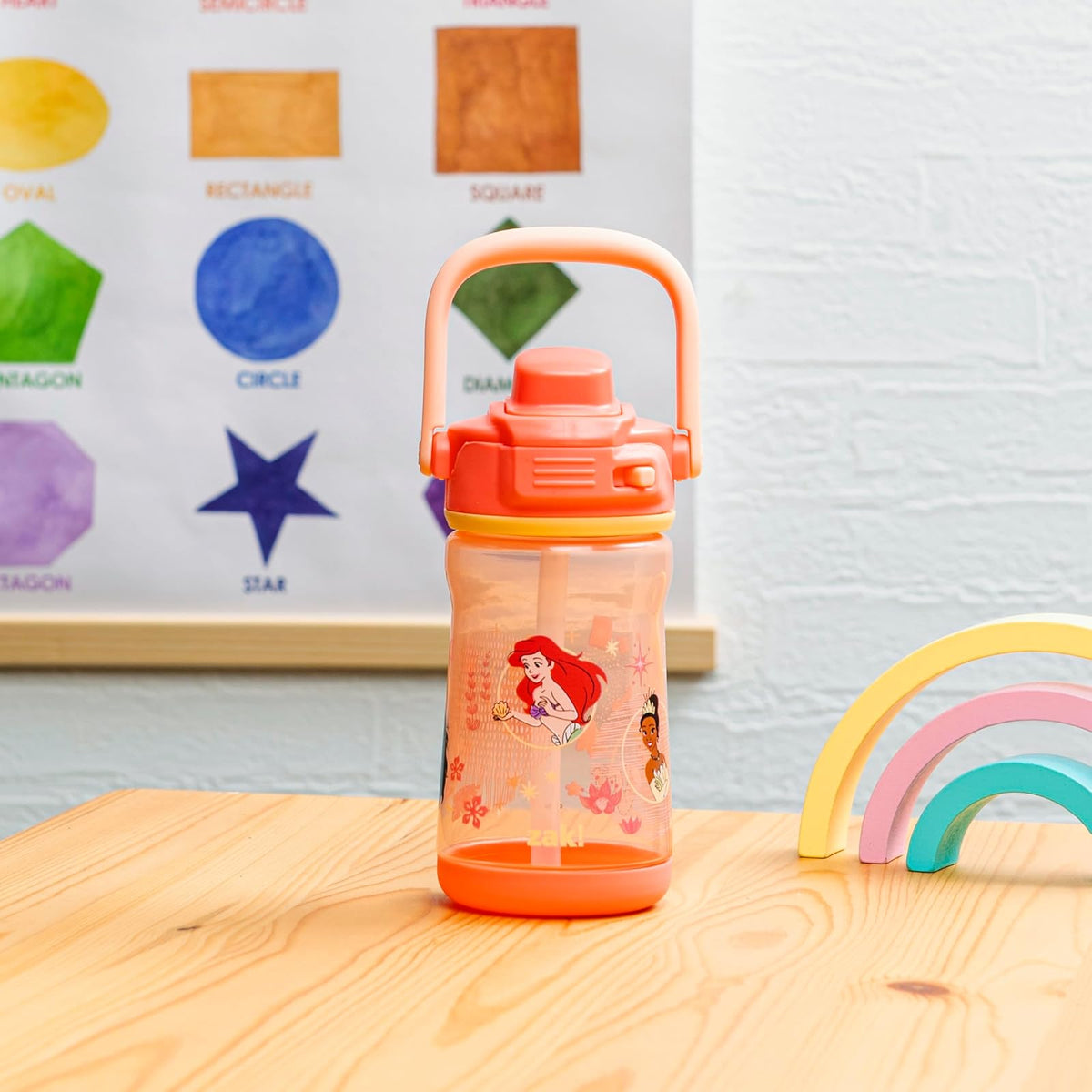 Zak Designs - Botella de agua para niños, con diseño de princesa de Disney, de plástico de 12 onzas, duradera y a prueba de fugas con boquilla de bloqueo de líquido, asa de transporte, base protectora