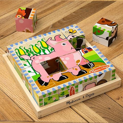 Melissa & Doug Rompecabezas de Cubos Animales de la Granja, Seis Rompecabezas en Uno, Juguete de Madera, Juguete de Desarrollo (16 Cubos y Bandeja) - Certificados FSC
