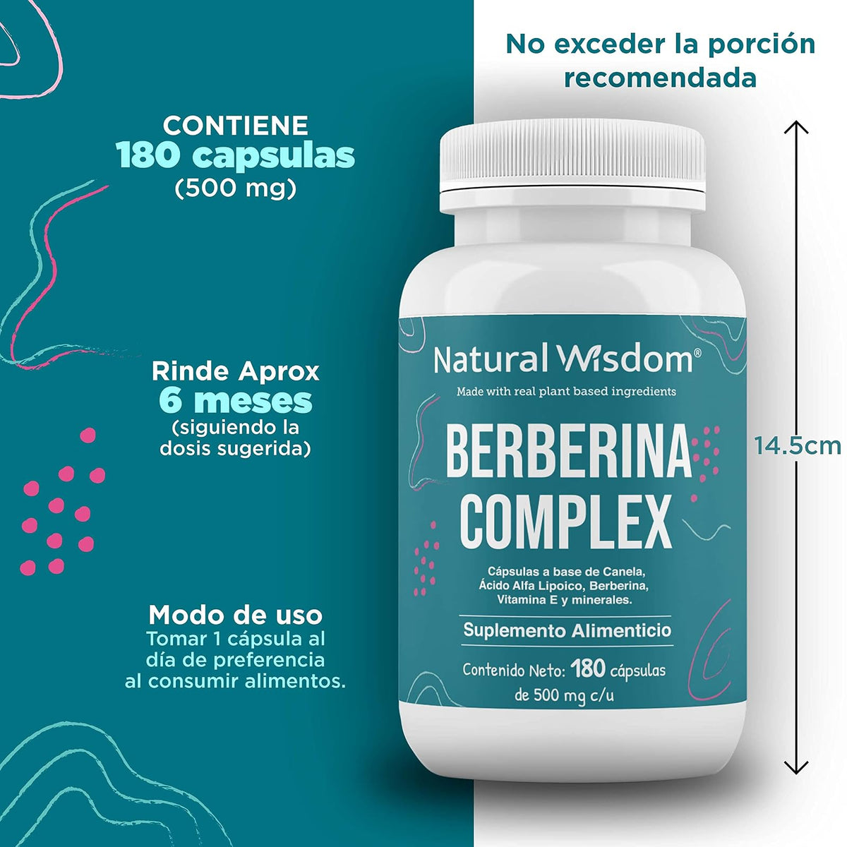 NW Berberina HCL Complex | 180 Capsulas | con Vitamina E Canela Magnesio | Ingredientes Naturales | Natural Wisdom