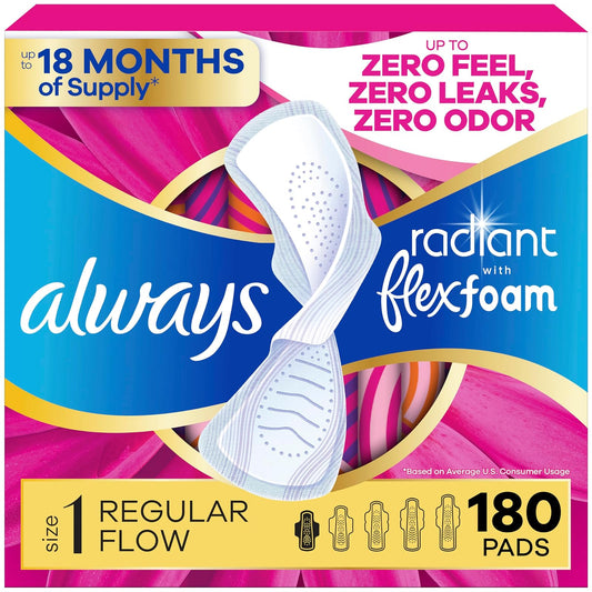 Always Radiant Pads, Size 1, Regular Absorbency, Light Clean Scent, Pack of 6 (180 Total Count) (Artwork May Vary)