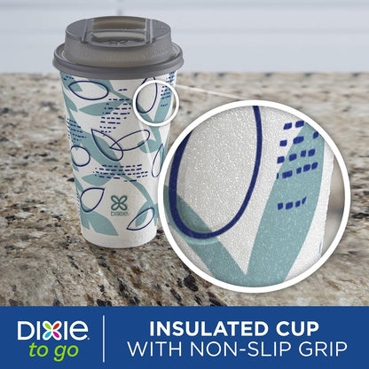 Dixie To Go - Tazas de bebidas calientes y tapas deslizantes, 16 onzas, 108 unidades, diseños surtidos, tazas de café de papel desechables y tapas deslizantes (6 paquetes de 18 tazas y tapas)
