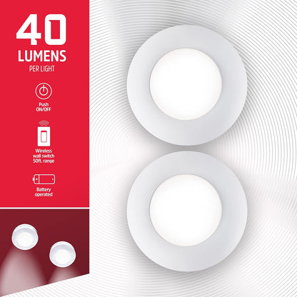 Energizer Switch LED Puck Light, 40 Lumens, 2 Pack, Battery Operated, Wireless, ON/Off, 50-Foot Range, Laundry Room, Garage, Closet, and More, 58822-T1, 1 Remote, White