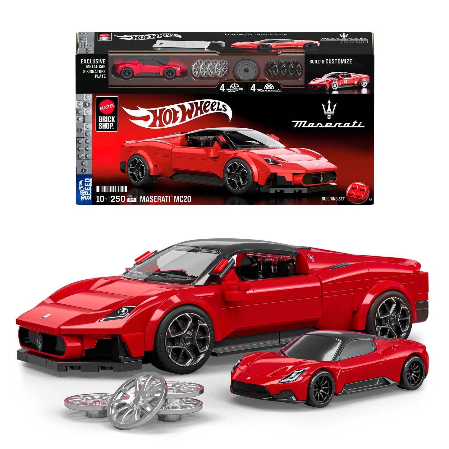 Mattel Brick Shop Hot Wheels Juguete de Construcción Speed Maserati MC20 Escala 1:32 con Placa Coleccionable y Auto Metálico Incluye Placa de colección y Auto Exclusivo de Metal