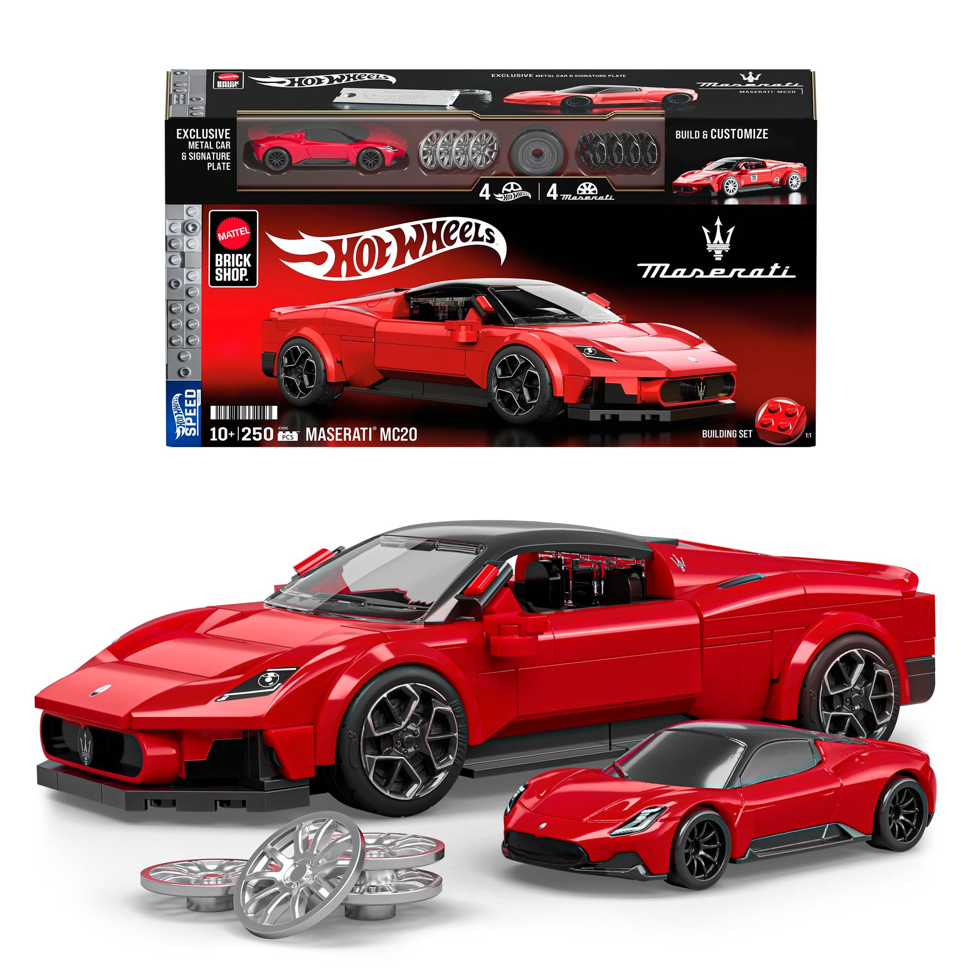 Mattel Brick Shop Hot Wheels Juguete de Construcción Speed Maserati MC20 Escala 1:32 con Placa Coleccionable y Auto Metálico Incluye Placa de colección y Auto Exclusivo de Metal