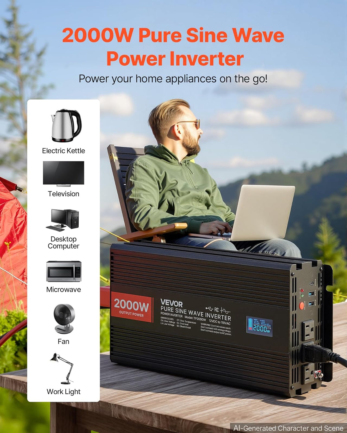 VEVOR Inversor de Onda sinusoidal Pura, 2000 vatios, CC 12 V a CA 120 V inversor de Corriente con 2 Salidas de CA, 2 Puertos USB, 1 Puerto Tipo C, visualización LCD y Control Remoto para Equipos