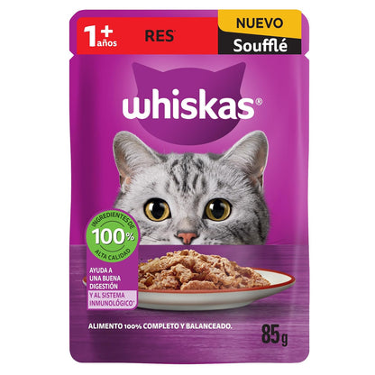 Whiskas - Sobres para Gato, Sabor Soufflé De Res, 85g c/u., Fibra Natural, Minerales, Vitaminas A, Sin Conservadores, 24 Sobres