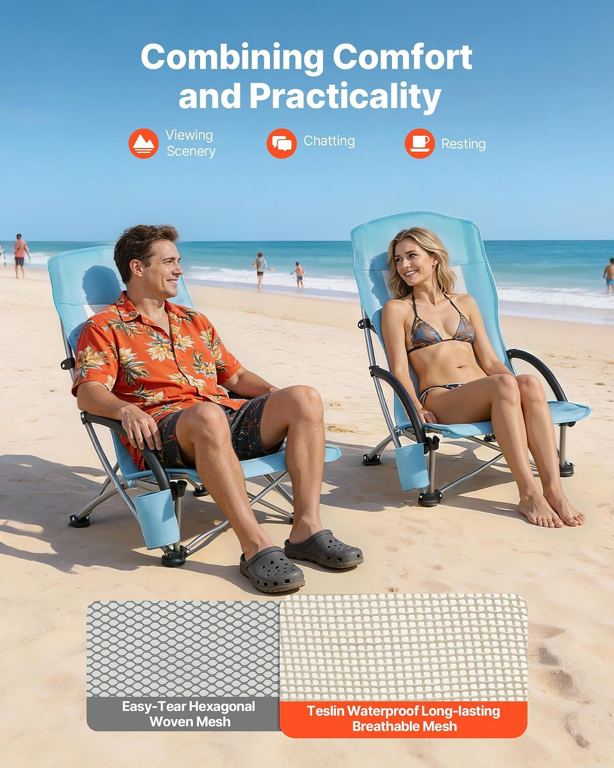 VEVOR Silla de Playa Plegable, Paquete de 2, Capacidad Máxima de 150 kg con Respaldo Alto de Malla, Almohada, Silla de Camping Portátil, Resistente con Portavasos para Exteriores Barbacoa Aire Libre