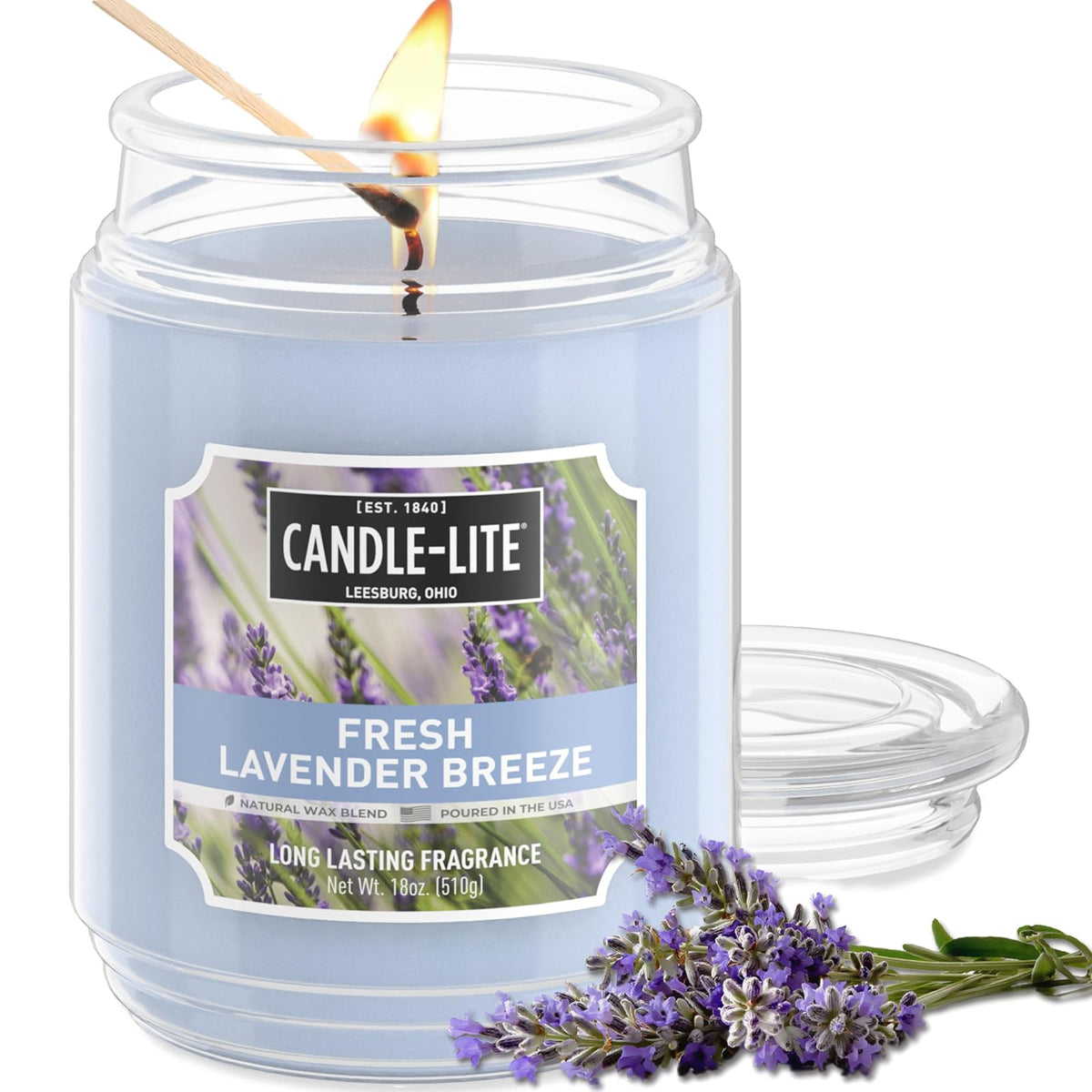Velas perfumadas Candle-lite, brisa de lavanda fresca, tarro de 18 onzas, vertido con orgullo en los Estados Unidos, vela de aromaterapia, una sola mecha con 110 horas de tiempo de quemado, perfectas