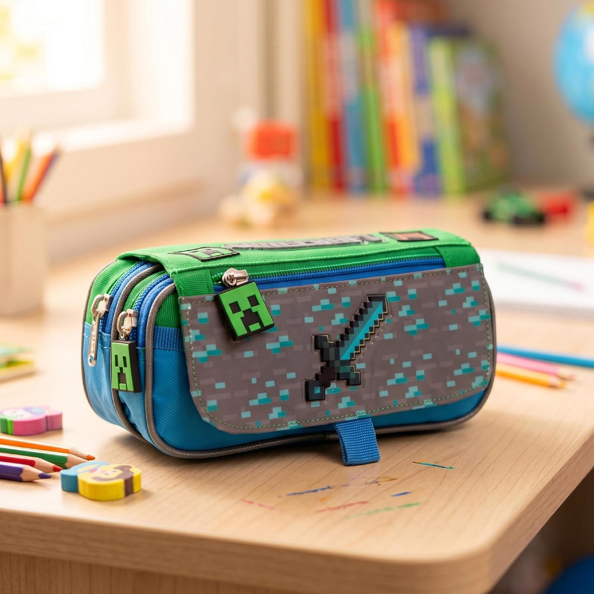 Ruz Lapicera Triple Infantil y Preescolar | Minecraft | 100% Poliéster | Organizador Escolar para Niños con Múltiples Bolsillos y Cierre | Recomendado desde 3 años