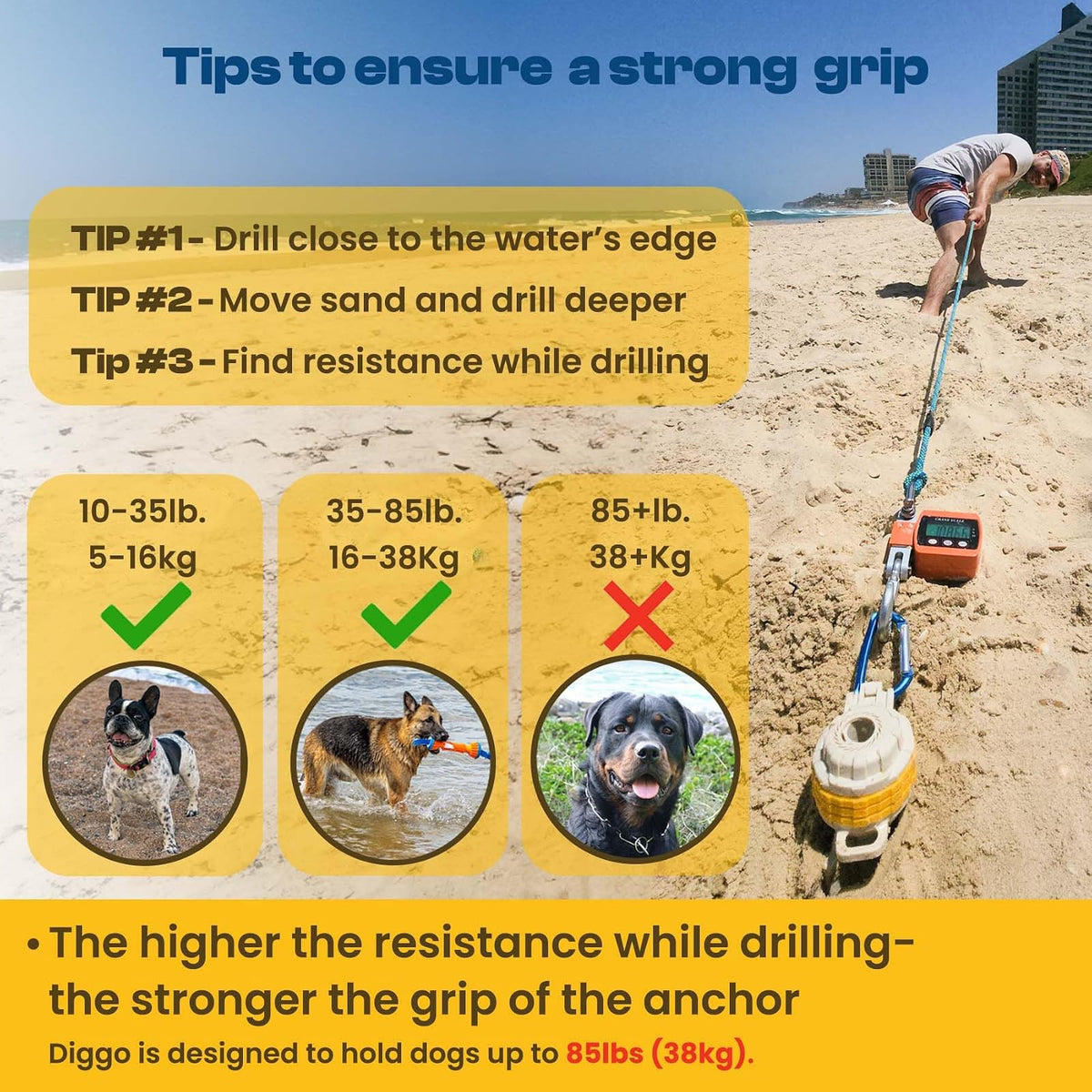 DIGGO - Estaca de Amarre para Perro para Playa Perros Grandes y Perros Pequeños | Orificio de Soporte para Sombrilla | Sistema Único de Bloqueo con Combinación Giratoria
